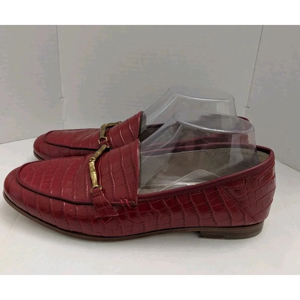 J. Mclaughlin Dillon Red Croc Skin Print Leather Loafers Sz 8M Bamboo Metal Gold